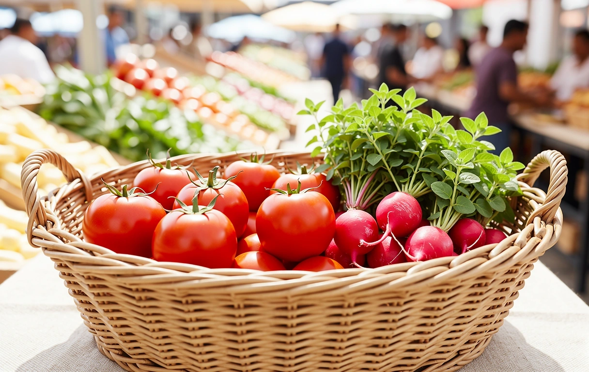 Mercado local con ingredientes frescos